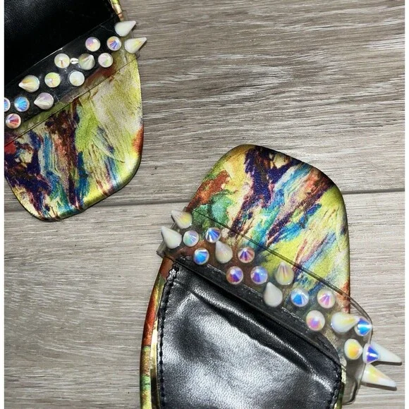 Cathy Din Floral Wateidescentcolor Gold Heels Party Club Retro Spikes Iridescent - Picture 2 of 7